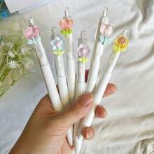 6pcs/Set Floral Design Ballpoint Pens, 0.5mm Black Ink Refill, High Quality Retractable Pens, Cute Stationery Gift For Students, Girls, Back To School Supplies