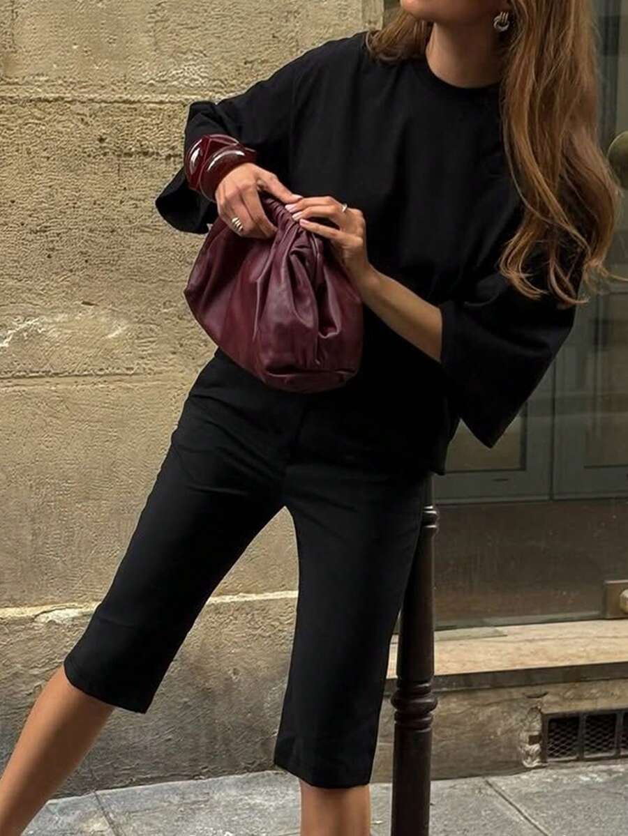 Black Round - Necked Three - Quarter Sleeve Top + Slim Capri Pants Minimalist Set Spring - Black - View 1