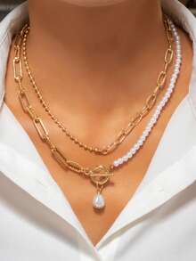 1 colar longo de corrente de pérolas da moda, colar com fecho de pérolas personalizado estilo vintage