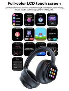 AI Translation Wireless Headphones With Magnetic Movable LCD Touch Screen, Foldable&Retractable Translator Headphones Headset Real Time 115 Language, BT6.0, Control Phone Photo Taking, Flashlight, Alarm Setting, Voice Recording, Support AUX Wired Connection, Suitable For Meeting, Studying, Travelling, Etc. - 黑色 - 查看 3