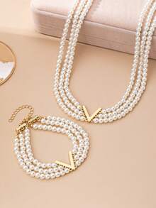 2pcs Elegant Minimalist Design Delicate Elegant Multi-Layer Faux Pearl Bracelet & Necklace Set, Suitable For Women's Daily Wear