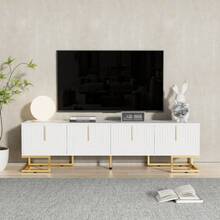 TV Unit, Lowboard With Structured Doors, TV Stand, Gold Handles And Gold Legs. - White + Particle Board + 70-79 Inches - View 5