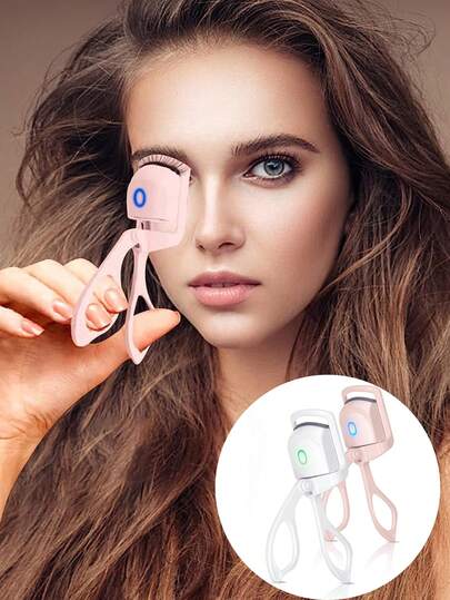 女士电动加热睫毛夹，USB充电，恒温加热，60秒快速加热，24小时自然卷翘，硅胶防烫垫，便携式化妆工具，适合日常使用和旅行，情人节和圣诞节的完美礼物 - 白色和粉色