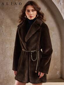 Aliao High-End Faux Fur Warm Jacket, Winter Coat, New Year, Business Casual Women's Wear, Windbreaker, Minimalist Style, Solid Color, Palace Style, Valentine's Day Outfit, Wedding Season, Halloween - Coffee Brown - View 7
