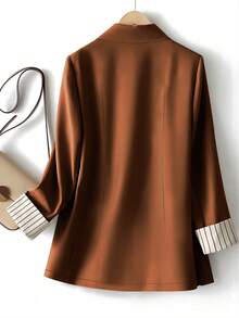 Women's Cuff Striped Patchwork One Button Regular Blazer - Brown - View 2