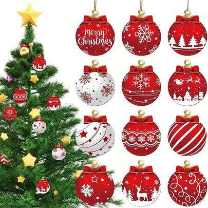 12/24/36 件创意圣诞球木卡挂饰套装，圣诞树装饰，2D 平面木牌挂饰，适用于圣诞节、新年、生日、婚礼、周年纪念、节日庆祝派对、室内和室外