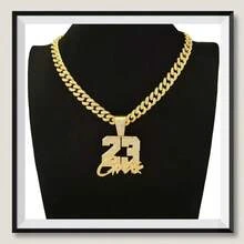 1pc Miami Men's Cuban Link Number 23 Pendant Necklace, Hip Hop Fashion Rhinestone Jewelry, Stainless Steel Accessory