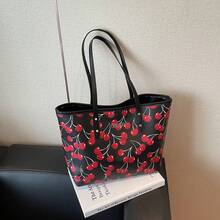 Cute Cherry Pattern Large Capacity Handbag| Women's Casual Versatile Shoulder Tote, Simple Fashion Shopping Bag, Everyday Work Purse - Black - View 9