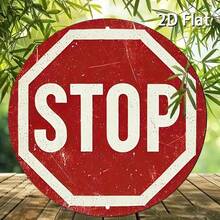 [2D Flat] Vintage Stop Sign Aluminum Wall Art - 7.8" Round Retro Traffic Symbol Poster, Perfect For Bar, Cafe, Beach House, Playroom & Backyard Decor, Metal Outdoor Decor - 彩色 - 查看 1