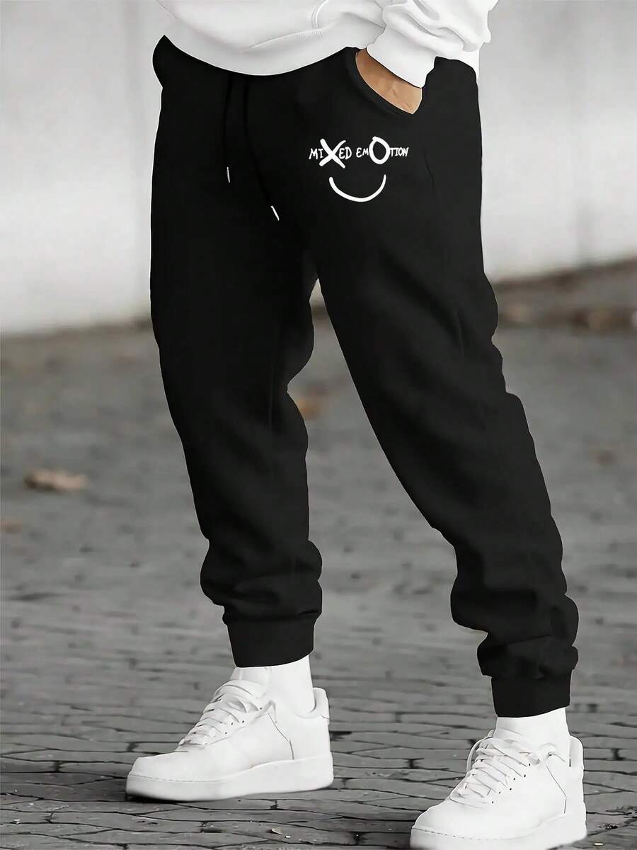 Men's Casual Printed Joggers - Comfortable Knitted Cotton Sweatpants With Elastic Waistband And Pockets, Black 'KXO' Happy Face Design, Perfect For Casual Outfits, All-Season Joggers|Streetwear Style|Polyester Knitted Fabric - 黑色 - 查看 1