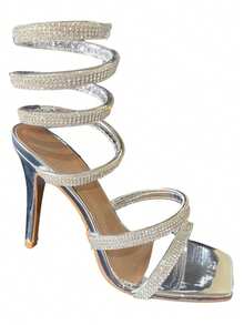 Women's Spiral Sandal With Rhinestones, Thin Heel And Shine - Silver - View 4