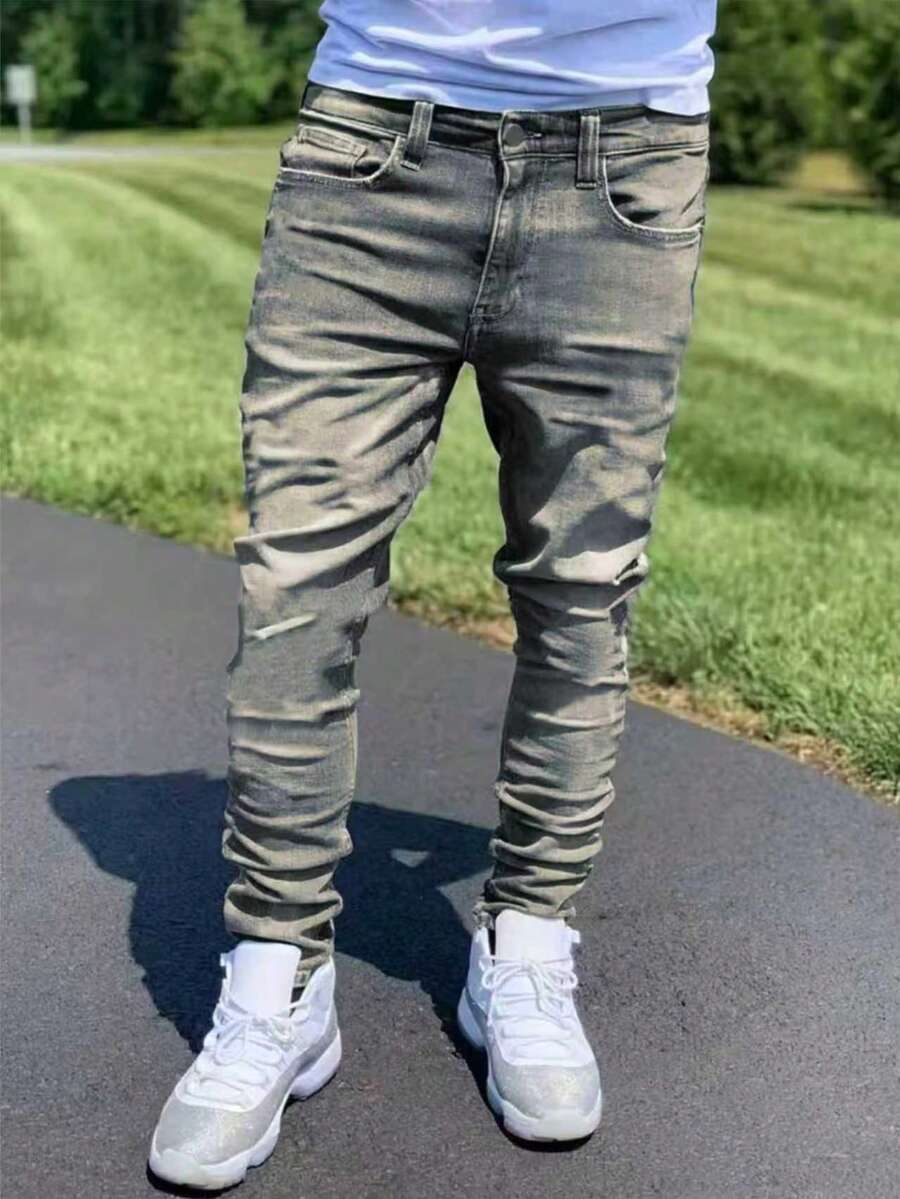 1pc Men's Elastic Skinny Fit Distressed Versatile Jeans, Outdoor Comfortable Casual Cargo Slim Fit Jeans, Suitable As Gift For Husband/Boyfriend, Daily Wear, Emo Style - Blue - View 1