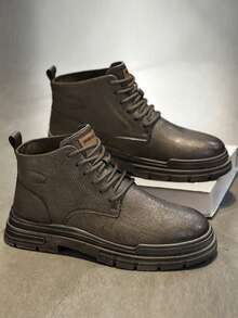 Men's High-Top Leather Motorcycle Boots, New Design, Thick Sole, Anti-Slip, Durable PU Leather, Waterproof, Oil-Resistant, Gradient Color, Distressed, Comfortable Stitching, Fashionable & Versatile Casual Short Boots, Soft & Comfortable For Work, Outdoor Hiking