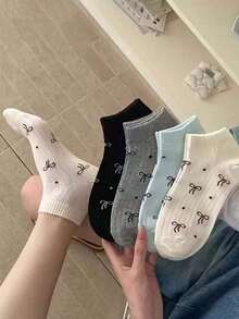 10/5 Pairs Women's Random Bow, Polka Dot, Striped, Solid Color, Minimalist Lace Trim Ankle Socks, Soft, Breathable, Collegiate Style, Versatile For Daily Wear, All Seasons