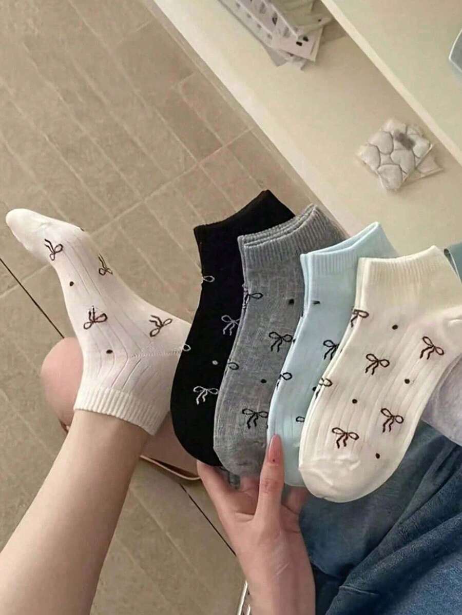 10/5 Pairs Women's Random Bow, Polka Dot, Striped, Solid Color, Minimalist Lace Trim Ankle Socks, Soft, Breathable, Collegiate Style, Versatile For Daily Wear, All Seasons