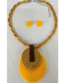 Braided Wire Necklace Set With Double Pendant + Resin Button Earrings – Sophistication In Every Detail. - Yellow - View 3