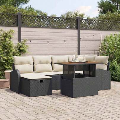 vidaXL Garden Sofa Set With Cushion And Storage 7 Pcs Black Poly Rattan
