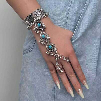 Vintage Turquoise Bracelet Glove - Exquisite Bohemian Alloy Jewelry With Decorative Details, Perfect Gift For Women