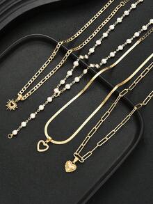 4 件时尚优雅金色心形仿珍珠多层 Y 型项链，是度假、约会、派对、生日等场合送给女性的完美礼物 - 金黃色 - 查看 6