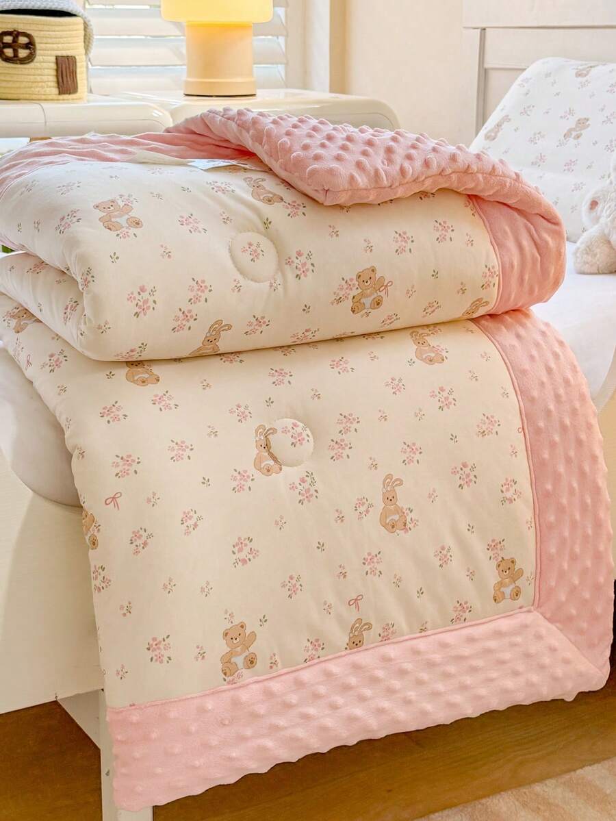 1pc Cartoon Print Knitted Fabric & Velvet Pom-Pom Comforter, Quilted Duvet, All Season Down Alternative Bedding, With Corner Ties, Warm & Soft Quilting Technique, Suitable For Bedroom, Guest Room - Pink - View 1