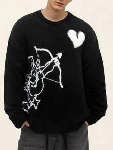 1pc Teen Boys Casual Outdoor Cool Fashion Angel Shooting Heart Jacquard Black Long Sleeve Sweater, Slouchy Crew Neck Knit Pullover, Warm & Thick, Suitable For Spring, Autumn & Winter