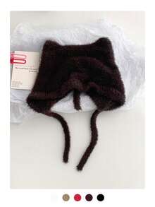 1 件装黑色毛绒猫耳针织帽，带小纽扣，秋冬保暖毛绒护耳帽，女士适用 - 彩色 - 查看 14