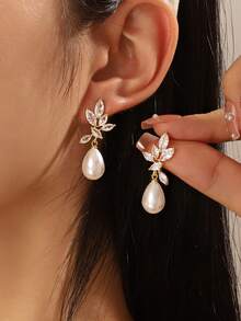 1Pair Gorgeous Gold - Plated Pearl & Cubic Zirconia Drop Earrings - Ideal For Daily Wear, Banquets, Gatherings, Weddings - Bridal Pearl Earrings