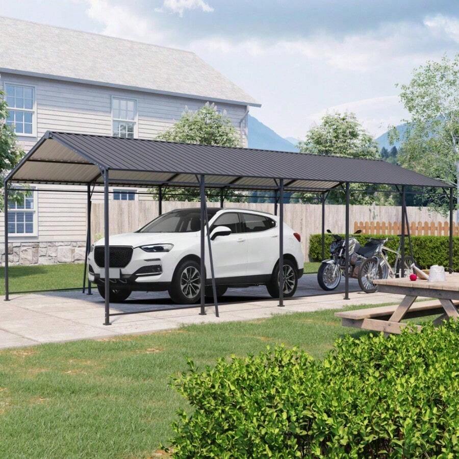Outdoor Carport, 13*26.5 FT Carport, Heavy Duty Carport Canopy With Galvanized Steel Roof And Frame, Metal Carport Large Garage For Driveway Car, Truck - Black - View 1