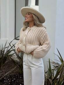 GDDYIN Women's Solid Color Ribbed Pocket Button Casual Daily Thick Knit Jacket, Autumn - Beige - View 4