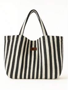 Liora Cotton Herringbone Pattern Tote Bag – Lightweight, Modern Everyday Bag 45*35 - Black - View 2