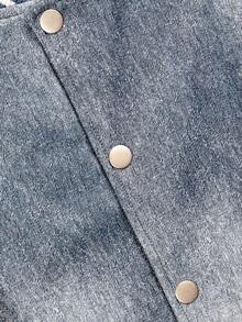 Patchwork Contrast Color Unisex Spring/Autumn Stand Collar Denim Jacket, Street Style Collegiate Casual Fashion Versatile Bomber Jacket With Pockets - Baby Blue - View 6