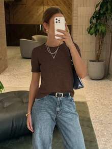 FOR BEAUTY Spring And Summer And Autumn New Women's Coffee Color Simple Temperament Commuting Pullover, Street Elegant College Casual Style, Small Round Neck Solid Color Christmas Knit Top - cà phê - Xem 4