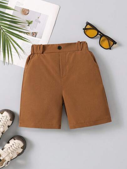 Boys' Solid Color Casual Shorts, Elastic Waist Pockets Sports Shorts, School Uniform Pants
