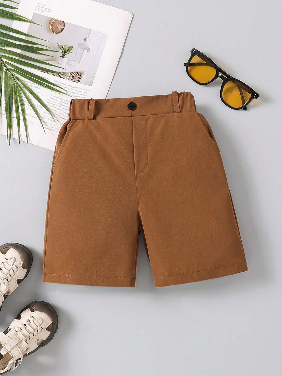 Quần short thể thao trơn màu cho bé trai, quần short thể thao cạp chun, quần đồng phục học sinh - Màu Khaki - Xem 1