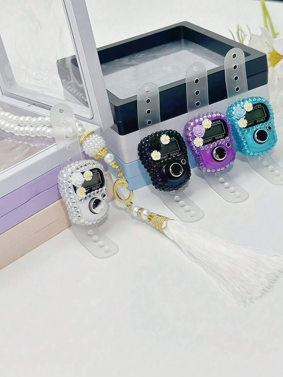 1 Set 6mm 99 Beads Muslim Prayer Beads With Rhinestone Flower Decorated Counter, 11x11x2cm Elegant Gift Box In Pink/Blue/Purple/Black/White, Luxurious Accessory For Belief & Prayer Counting