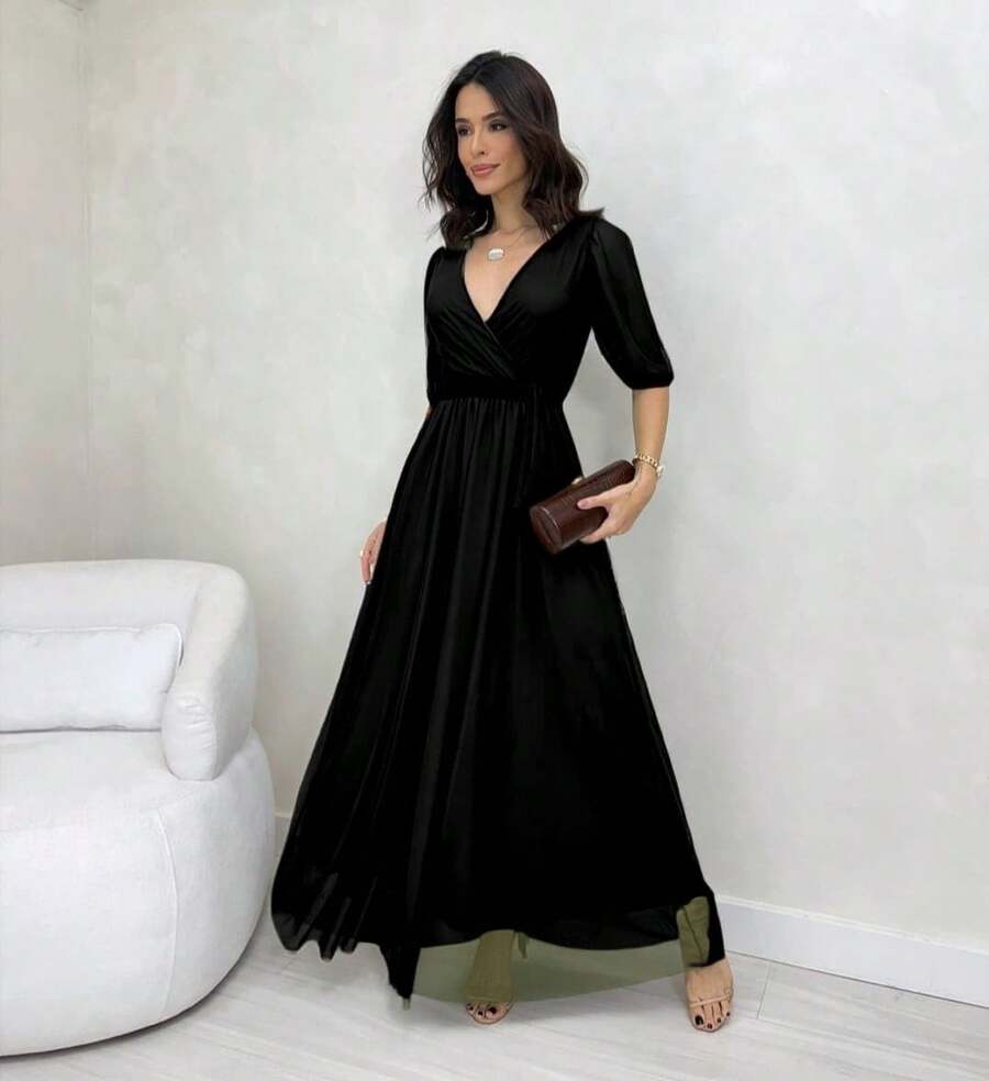 Luxury Long Dress With Short Sleeves For Brides And Guests - V-Neckline, Premium Tulle Belt, New Summer 2025 - màu đen - Xem 1