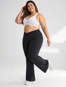 Plus Size Women's Autumn/Winter Sports Flare Pants, V-Shaped Criss-Cross Waistband, High Waist Slim Fit Solid Color Elastic Yoga Pants, Soft & Comfortable, Fashion Minimalist Casual Trousers Black - Black - View 7