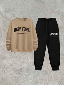 Autumn And Winter Men's Casual Daily Life Soft And Comfortable Versatile Suit, Simple Street Style Font New York Letter Printing, Khaki Round Neck Pullover Long Sleeve Sweatshirt Narrow Leg Sweatpants Sweatshirt Suit - Khaki - View 3