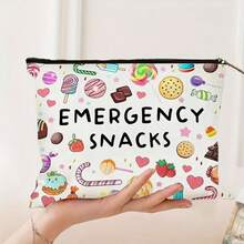 1 pieza, Bolsa de cosméticos con estampado de patrón de "BOCADILLOS DE EMERGENCIA" de dibujos animados - con cremallera, estilo universitario con patrón de galletas de caramelo, bolsa reutilizable para medicamentos para viajes y cosméticos - adecuada para la escuela, decoración del hogar, almacenamiento de joyas, estuche para lápices, bolsa para bocadillos, monedero, uso diario, cumpleaños, maestro, regreso a la escuela, ceremonia de graduación, Acción de Gracias, Navidad, regalo de vacaciones de verano, artículos escolares, bolsa de viaje para mujeres, bolsa de maquillaje para viajes