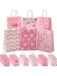 4/8 pièces Sacs fourrés roses de Noël avec poignées, motif de Père Noël, d'élan et de cloche, sacs cadeaux réutilisables, sacs de courses, sacs non tissés, sacs de faveurs de fête, décorations de Noël festives pour la maison, cadeaux de Noël 2025, emballages de Nouvel An 2026 (quatre motifs)