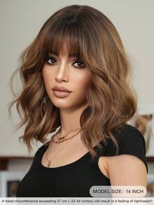 7JHH WIGS Parrucca corta ondulata color terracotta marrone sfumato con frangia per donna, parrucca riccioluta a onde di lunghezza spalle con radici scure, capelli sintetici resistenti al calore adatta per uso quotidiano, feste, cosplay, 14 pollici