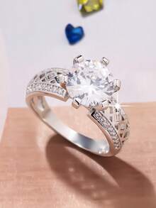 1pc Elegant Multi-Color Square Band Design Round CZ Stone Ring, Versatile Men Women Engagement Wedding Ring, Valentine's Day Gift,Mom,Mother,Mother's Day,Gift