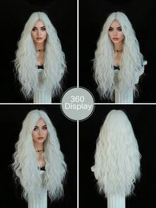 PIAOYUN 万圣节服装假发与长波浪卷发白色女士假发自然分叉合成假发日常使用耐热派对假发 - 白色 - 查看 4