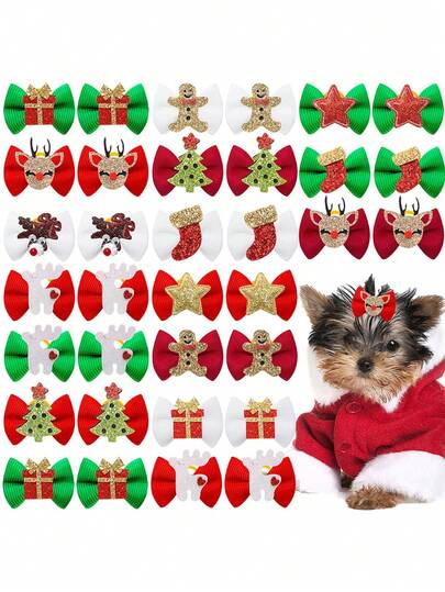 6pcs Christmas Mini Pet Hair Accessories, Classic Red And Green Color Scheme, Reindeer Christmas Tree Christmas Stockings Gingerbread Man Element, Suitable For Long Haired Cats And Small Dogs, Random Styles