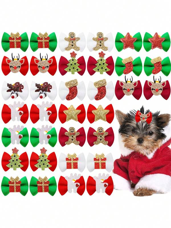 Set de 6 accesorios navideños mini para mascotas, con esquema de color rojo y verde clásico, que incluyen elementos de renos, árboles de Navidad, calcetines navideños y hombres de jengibre, adecuados para gatos de pelo largo y perros pequeños, en estilos aleatorios