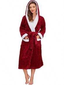HEARTNICE Plush Long Hooded Robes Women, Soft Fluffy Womens Fleece Robe Thicker Warm Bathrobes - Burgundy - View 1