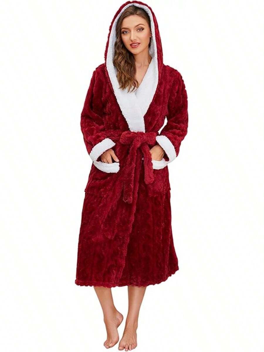HEARTNICE Plush Long Hooded Robes Women, Soft Fluffy Womens Fleece Robe Thicker Warm Bathrobes - Burgundy - View 1
