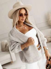 Áo khoác cardigan dáng rộng thời trang màu trơn thanh lịch cho nữ, áo len tay loe trễ vai, áo khoác dệt kim polyester đa năng cho thường ngày, hẹn hò, thu/đông - Kaki nhạt - Xem 3