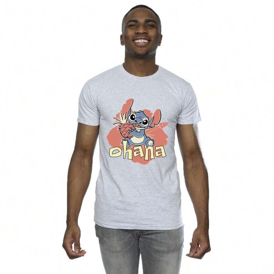 Disney Mens Lilo And Stitch Ohana Pineapple T-Shirt (Sports Grey) - 100% Cotton - 153gsm - (BI33395)