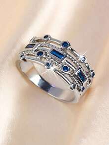 1 buc Inel Elegant la Modă cu Zirconiu Albastru, Inel cu Strasuri Multistrat cu Pietre Prețioase Verzi, Inel de Femei - Albastru regal - Vizualizare 1